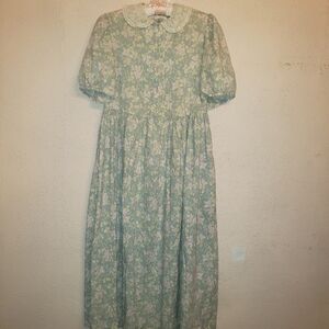 LAURA ASHLEY Vintage Puritan Lace Cottagecore Puff Slv Floral Prairie Dress S/M